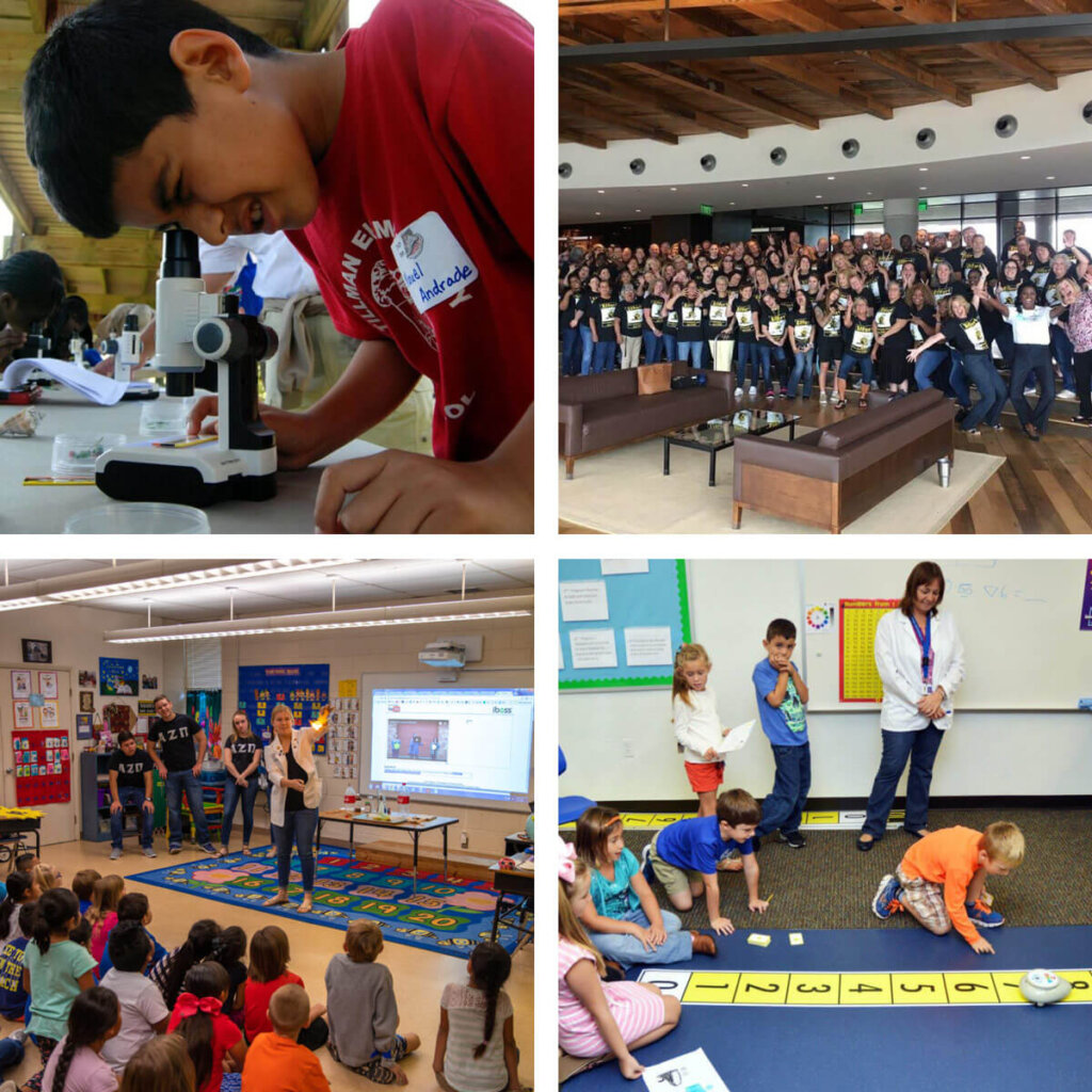 Several images of elementary and middle school children learning.